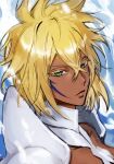  1girl 22nae2 absurdres arrancar bleach blonde_hair colored_eyelashes crossed_bangs dark-skinned_female dark_skin expressionless eyelashes facial_mark green_eyes hair_between_eyes head_tilt highres lips looking_at_viewer messy_hair portrait resurreccion short_hair solo thick_eyelashes tier_harribel 