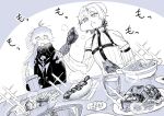  2boys ahoge antenna_hair belt black_cape cape capelet chest_harness chicken_(food) crossed_bangs cup detached_sleeves eating flins_(genshin_impact) food food_in_mouth food_on_face genshin_impact gloves glutton grey_background greyscale hair_between_eyes harness highres holding holding_cup hot_dog illuga_(genshin_impact) long_hair male_focus mole mole_under_eye monochrome mug multiple_boys plate ryoseiperiodo scar scar_on_arm scar_on_shoulder short_hair sleeveless sleeveless_turtleneck surprised sweater table turtleneck turtleneck_sweater upper_body white_background 