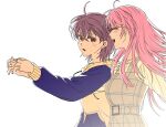  2girls absurdres ahoge bang_dream! bang_dream!_it's_mygo!!!!! belt blue_hoodie breasts brown_eyes chihaya_anon closed_eyes commentary couple dress grey_belt grey_dress grey_hair highres holding_hands hood hood_down hoodie korean_commentary long_hair long_sleeves medium_breasts multiple_girls nagseojang open_mouth pinafore_dress pink_hair plaid_clothes plaid_dress shirt short_hair simple_background sleeveless sleeveless_dress takamatsu_tomori teeth upper_teeth_only white_background white_shirt yuri 