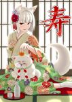 1girl alcohol animal_ears animal_on_lap blunt_bangs blunt_ends bob_cut breasts cat choko_(cup) cup floral_print floral_print_kimono food fox_ears fox_girl fox_tail fruit furisode highres indoors japanese_clothes kimono looking_at_viewer mandarin_orange medium_breasts nakayama_yukiji new_year nose_bubble on_lap original parted_lips print_kimono red_eyes rope sake shadow shide shimenawa short_hair sitting sleeping sliding_doors smile socks tabi tail tatami tokkuri translation_request white_hair white_socks wide_sleeves yokozuwari 