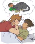  >_< 2boys :3 =_= ? animal animification antenna_hair blanket blush boy_on_top brown_hair cat closed_eyes commentary dimosum edd_(eddsworld) eddsworld english_commentary english_text fan_request flipped_hair green_hoodie green_pants green_shirt grey_cat hair_behind_ear hair_ears hand_on_another's_back highres hood hood_down hoodie long_sleeves looking_at_another lying lying_on_person male_focus multiple_boys on_back on_stomach open_mouth pants pillow red_shirt ringo_(eddsworld) shirt short_hair short_sleeves simple_background sleeping speech_bubble sweat swept_bangs tabby_cat tan thought_bubble tord_(eddsworld) under_covers unworn_eyewear white_background yaoi 