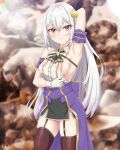  1girl absurdres ahoge arm_behind_head armband armpits black_garter_straps blurry blurry_background breasts brown_eyes closed_mouth commentary garter_straps gloves hair_ornament highres katobii ninym_ralei presenting_armpit purple_armband shirt sideboob sleeveless sleeveless_shirt solo tensai_ouji_no_akaji_kokka_saiseijutsu thighhighs wet wet_clothes white_gloves white_hair white_shirt 