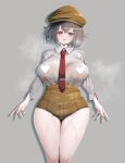  1girl absurdres aonori00 breasts brown_eyes brown_hair brown_hat censored commentary_request commission grey_background hat heart heart-shaped_pupils heart_censor highres large_breasts legs long_sleeves looking_at_viewer necktie newsboy_cap open_mouth pointy_ears red_necktie see-through_clothes shameimaru_aya shameimaru_aya_(newsboy) shirt short_hair simple_background skeb_commission solo symbol-shaped_pupils touhou variant_set wet wet_clothes white_shirt 