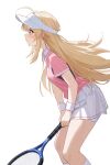  1girl absurdres ahoge bike_shorts bike_shorts_under_skirt blonde_hair blush breasts chaos;head commentary_request from_side gher5 highres holding holding_tennis_racket kneehighs long_hair looking_to_the_side nishijou_nanami pink_shirt profile purple_eyes racket science_adventure see-through_clothes shiny_skin shirt short_sleeves shorts shorts_under_skirt skirt small_breasts socks sportswear sweat sweatdrop tennis tennis_racket tennis_uniform very_long_hair wet white_background white_shorts white_skirt white_socks white_trim wristband 