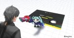  1boy 1girl absurdres chibi colored_skin cyberpunk:_edgerunners cyberpunk_(series) cyborg gun highres holding holding_gun holding_weapon lennykaise male_rover_(wuthering_waves) mechanical_eyes mechanical_hands neck_tattoo oversized_limbs rebecca_(cyberpunk) red_pupils rover_(wuthering_waves) tattoo weapon wuthering_waves 