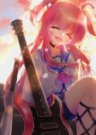  1girl :d ^_^ ahoge angel_beats! arms_at_sides backlighting baseball_bat black_choker black_ribbon blue_sailor_collar blush bontan_02 choker closed_eyes commentary_request crying facing_viewer fang feet_out_of_frame floating_hair furrowed_brow guitar hair_between_eyes happy happy_tears highres instrument leg_ribbon long_hair long_sleeves neckerchief nose_blush open_mouth outdoors pink_hair pink_neckerchief ribbon sailor_collar sailor_shirt shinda_sekai_sensen_uniform shirt sidelocks sitting skin_fang sky smile solo sunset tears thigh_strap two_side_up very_long_hair white_shirt yellow_sky yui_(angel_beats!) 