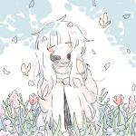  1girl :3 bug butterfly closed_mouth commentary_request facing_viewer falling_petals flower highres long_hair long_sleeves nana163i original petals plant red_flower red_tulip sleeves_past_fingers sleeves_past_wrists solo tree_shade tulip white_background yellow_butterfly 