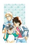  1girl 2boys ;) aoyama_goushou black-framed_eyewear black_hair blue_background blue_eyes blue_jacket blue_pants blue_vest border brown_hair cropped_legs edogawa_conan glasses grin hand_on_another's_head hand_on_own_hip hands_on_headwear helmet highres jacket leather leather_jacket long_sleeves looking_at_another looking_to_the_side meitantei_conan multiple_boys non-web_source official_art okiya_subaru one_eye_closed painting_(medium) pants red_shirt sera_masumi shirt short_hair short_sleeves smile striped_clothes striped_shirt sweatdrop t-shirt teeth traditional_media vest watercolor_(medium) white_border 