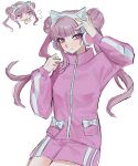  1girl absurdres alternate_costume animal_ear_headphones animal_ears cat_ear_headphones cat_ears chibi closed_mouth double_bun fake_animal_ears flying_sweatdrops hair_bun headphones highres jacket long_hair long_sleeves looking_at_viewer otomegmefoxy pink_eyes pink_hair pink_jacket pink_shorts pocket shorts simple_background smile solo the_hundred_line_-last_defense_academy- track_jacket tsukumo_kako twintails white_background 