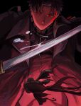  1boy black_background black_coat black_hair coat fish glint goldfish highres holding holding_sword holding_weapon kagurabachi katsutacle looking_at_viewer male_focus red_eyes rokuhira_chihiro scar scar_on_face sword weapon zipper 