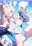  1girl absurdres animal_ear_fluff animal_ears armband blonde_hair blue_archive blue_eyes blue_halo breasts competition_swimsuit dog_ears dog_girl hair_over_one_eye halo highleg highleg_one-piece_swimsuit highres kanna_(blue_archive) kanna_(swimsuit)_(blue_archive) large_breasts lifebuoy long_hair moya02_ku notched_ear official_alternate_costume one-piece_swimsuit ponytail purple_armband sharp_teeth solo swim_ring swimsuit teeth whistle whistle_around_neck white_one-piece_swimsuit 