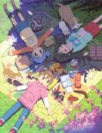  3girls absurdres aioi_yuuko anime_coloring aqua_cardigan artist_request bag bag_of_chips ball bandana black_hair black_socks blue_eyes blue_hair blue_pants blue_skirt blurry blurry_foreground book book_stack boomerang brown_dog brown_eyes brown_hair brown_shoes buddy_(nichijou) cardigan cherry_blossoms closed_eyes closed_mouth crow_(nichijou) day dog from_above glasses grass hair_spread_out highres hood hoodie instrument kamakura_(nichijou) layered_sleeves long_hair long_sleeves looking_at_animal lying medium_skirt minakami_mai multiple_dogs multiple_girls naganohara_mio nichijou no_nose ocarina official_art oguri_cap_(nichijou) on_back open_cardigan open_clothes open_mouth outdoors outstretched_arms pants petals picnic_blanket pink_hoodie pink_shirt print_shirt pyon_(nichijou) raglan_sleeves red_bandana red_skirt resting shade shirt shoes short_hair short_over_long_sleeves short_sleeves short_twintails skirt sleeping smile soccer_ball socks spread_arms sunlight t-shirt thermos third-party_source tongue tongue_out tree_shade twintails unworn_eyewear white_dog yellow_bag yellow_shirt 
