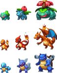  animated animated_gif blastoise bulbasaur charizard charmander charmeleon claws closed_mouth commentary english_commentary evolutionary_line full_body gilpokefan303 ivysaur looping_animation lowres open_mouth pixel_art pokemon pokemon_(creature) squirtle venusaur wartortle 