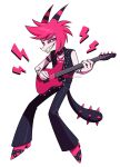 absurd_res anthro clothed clothing collar demon dragon electric_guitar enaic31 guitar hatchet_(hazbin_hotel) hazbin_hotel hellaverse hi_res male musical_instrument mythological_creature mythological_scalie mythology playing_guitar playing_music plucked_string_instrument scalie simple_background solo spiked_collar spiked_tail spikes spikes_(anatomy) string_instrument tail white_background