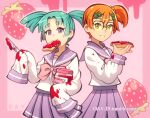  2girls aqua_hair bow bowtie bread bread_slice commentary dav-19 english_commentary fang food food_in_mouth fruit glasses green_eyes grin hair_ornament hairclip heart-shaped_eyebrows holding holding_knife knife liar_liar_(tokimekiwaku) medium_hair minamida_yukari mouth_hold multiple_girls orange_hair pink_bow pink_bowtie purple_eyes purple_sailor_collar purple_skirt sailor_collar school_uniform serafuku shirt short_twintails side_ponytail skirt sleeves_past_fingers sleeves_past_wrists smile sonoda_miho strawberry strawberry_jam toast toast_in_mouth twintails web_address white_shirt yami_kawaii 