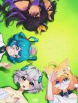  4girls absurdres ahoge animal_ear_fluff animal_ears antennae bare_shoulders black_collar black_hair black_nails blonde_hair blue_eyes brain cat_ears cat_girl chrchie closed_mouth coat collar dress ellie_minibot exposed_brain glasses grass hair_between_eyes hair_intakes hair_ornament hair_ribbon highres indie_virtual_youtuber long_hair looking_at_viewer lying minikomew multicolored_hair multiple_girls on_back open_mouth purple-framed_eyewear purple_hair purple_scales reptile_girl ribbon round_eyewear shirt shoomimi short_hair smile virtual_youtuber white_coat white_dress white_hair white_shirt xarakura_xara yellow_eyes yellow_ribbon 