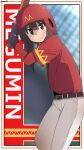  1girl alternate_costume artist_logo artist_name bambi2000line baseball baseball_bat baseball_helmet baseball_uniform belt belt_buckle black_gloves blush border brown_belt brown_hair buckle character_name from_side gloves helmet highres holding holding_baseball_bat kono_subarashii_sekai_ni_shukufuku_wo! logo looking_at_viewer megumin pants red_eyes red_helmet red_shirt red_sleeves shirt short_hair_with_long_locks short_sleeves signature smile solo split_mouth sportswear v-shaped_eyebrows white_border white_pants 