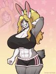 2026 abs anthro artist_name athletic_wear big_breasts biped black_bottomwear black_bra black_clothing black_gym_shorts black_shorts black_sports_bra black_underwear blowup_background bottomwear bra breasts buckteeth cleavage clothed clothed_anthro clothed_female clothing countershade_breasts countershade_face countershade_torso countershading digital_drawing_(artwork) digital_media_(artwork) female female_anthro fur glistening glistening_breasts glistening_thighs gloves_(marking) gradient_background grey_body grey_fur gym_bottomwear gym_shorts hair hand_behind_head hi_res huge_breasts lagomorph leporid long_hair looking_at_viewer mammal markings multicolored_body multicolored_fur muscular muscular_anthro muscular_female navel pink_background rabbit red_eyes shorts shyshyoctavia simple_background smile smiling_at_viewer solo sports_bra tail teeth text thick_thighs underwear white_body white_countershading white_fur yellow_background