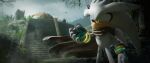  1boy 2204design 3d animal_ears animal_nose blender_(medium) body_fur borrowed_design bracelet brown_cape cape chaos_emerald closed_mouth cloud cloudy_sky commentary day furry furry_male gem gloves gold_bracelet grass green_gem grey_fur grey_sky hand_up hedgehog_boy highres holding holding_gem in-universe_location jewelry leaf male_focus moss outdoors rock ruins silver_the_hedgehog sky solo sonic_(series) stairs standing tree two-tone_fur untranslatable_commentary white_gloves yellow_eyes 