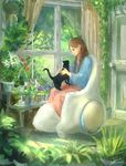  blanket blanket_over_midsection braid brown_hair bush cat chair flower highres indoors mole mole_under_eye original plant sitting tulip twin_braids wheelchair window you_shimizu 