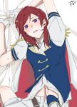  2girls arms_up blue_vest blush clothes_lift commentary_request cowboy_shot female_pov hand_under_clothes hand_under_shirt highres long_sleeves love_live! love_live!_school_idol_project medium_hair multiple_girls nishikino_maki pants parted_lips pov purple_eyes red_hair shirt shirt_lift short_sleeves signature straddling surfacedxxc vest white_pants white_shirt yazawa_nico yuri 