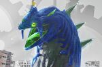  2204design 3d blender_(medium) brain building chaos_(sonic) city colored_sclera colored_tongue destruction gears giant glowing glowing_eyes green_sclera green_tongue highres horns kaiju monster no_humans open_mouth perfect_chaos science_fiction sharp_teeth sonic_(series) sonic_generations spikes teeth water 