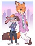 3_toes 4_fingers accessory aloha_necktie aloha_shirt angry anthro belt blue_body blue_skin blush bottomwear canid canine city city_background closed_smile clothing disney duo feet female fingers fox fur green_eyes grey_body grey_bottomwear grey_clothing grey_ears grey_fur grey_nose grey_pants grey_tail hi_res jacket judy_hopps lagomorph leporid male male/female mammal meircmei mouth_closed necktie nick_wilde orange_body orange_fur orange_skin orange_tail pants pattern_clothing pattern_shirt pattern_topwear pink_clothing pink_nose pink_shirt pink_topwear purple_clothing purple_eyes purple_jacket purple_topwear rabbit red_fox shirt smile tail toes topwear true_fox white_bottomwear white_clothing white_pants zootopia
