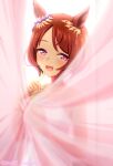  1girl animal_ears bare_shoulders blush brown_hair curtains dress finger_to_mouth flower-shaped_pupils flower_in_eye horse_ears horse_girl index_finger_raised looking_at_viewer open_mouth pink_eyes purple_eyes sakura_laurel_(umamusume) seki_(hyokosho) short_hair smile solo symbol-shaped_pupils symbol_in_eye umamusume white_dress 