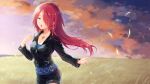  1girl :o black_jacket black_shorts blue_eyes blue_shirt breasts charlotte_(anime) cleavage cloud collarbone commentary_request cowboy_shot cross cross_necklace earrings floating_hair hair_over_one_eye hand_up hoop_earrings jacket jewelry large_breasts long_bangs long_hair looking_ahead nakamura_hinato necklace one_eye_covered open_hand open_mouth outdoors outstretched_arm partially_unzipped red_hair sara_shane shirt shorts singing solo twilight very_long_hair wheat_field wind zipper 