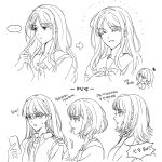  5girls absurdres bang_dream! bang_dream!_it's_mygo!!!!! chihaya_anon commentary_request greyscale hand_on_another's_shoulder hand_up haneoka_school_uniform highres kaname_raana korean_commentary korean_text long_hair medium_hair mole mole_under_eye monochrome multiple_girls nagasaki_soyo nagseojang school_uniform shiina_taki short_hair simple_background translation_request tsukinomori_school_uniform twirling_hair white_background yahata_umiri 