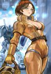  1girl 2025 aeug belt breasts brown_hair cleavage commentary_request dated emma_sheen green_eyes gundam gundam_mk_ii helmet highres holding holding_unworn_helmet mecha mecha_pilot_suit military_rank_insignia mobile_suit normal_suit_(gundam) okrdisk2000 robot science_fiction shield signature space_helmet spacesuit undressing unworn_headwear unworn_helmet v-fin zeta_gundam 