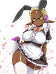  1girl alternate_breast_size_(larger) animal_ears apron black_dress blonde_hair bow center_frills closed_mouth clothes_lift colored_extremities colored_eyelashes commentary_request cowboy_shot cross-shaped_pupils dark-skinned_female dark_skin dress dress_lift ear_piercing fangs frilled_apron frills frye_(splatoon) garter_straps hair_ornament hair_tubes highres inkling looking_at_viewer maid maid_apron maid_headdress orange_bow piercing pointy_ears puffy_short_sleeves puffy_sleeves purple_hair rabbit_ears shoes short_sleeves simple_background skindentation solo splatoon_(series) splatoon_3 sweatdrop symbol-shaped_pupils t2ukmyjm tentacle_hair thighhighs thighs white_apron white_background white_thighhighs wrist_cuffs x_hair_ornament yellow_eyes 