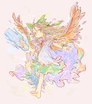  1girl :o adapted_costume arm_cannon asymmetrical_footwear barefoot bow brown_hair cape chest_eye feathered_wings flat_chest full_body green_skirt hair_bow highres long_hair looking_at_viewer pale_color red_eyes reiuji_utsuho simple_background skirt solo touhou weapon wings yamasina009 