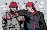  2boys :3 =_= ahoge annoyed atuhi beard_stubble black_gloves black_shirt blank_speech_bubble blush buttons cigarette coat collared_shirt double-breasted drill_hair drill_sidelocks facial_hair genderswap genderswap_(ftm) gloves goatee grey_coat hair_between_eyes headset highres holding holding_cigarette kasane_ted kasane_teto kasane_teto_(sv) kasane_teto_(utau) leaning_on_person long_hair looking_at_another male_focus mature_male multiple_boys muscular muscular_male necktie open_clothes open_coat open_mouth outline red_hair red_necktie shirt sideburns sidelocks smile speech_bubble stubble synthesizer_v upper_body utau white_outline 