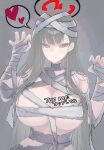  1girl bandages black_hair black_halo blue_archive breasts bright_pupils claw_pose cleavage commentary_request fingernails hair_behind_ear halo heart highres large_breasts long_fingernails long_hair looking_at_viewer meme multicolored_halo mummy_costume naked_bandage red_eyes red_halo rio_(blue_archive) rosumini solo spoken_heart tap_me_(meme) two-tone_halo white_pupils 