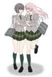  2girls absurdres bag bang_dream! bang_dream!_it's_mygo!!!!! black_shoes brown_eyes chihaya_anon commentary diagonal-striped_clothes diagonal-striped_necktie fang green_necktie green_skirt green_socks grey_eyes grey_hair grey_jacket haneoka_school_uniform highres indoors jacket kneehighs korean_commentary loafers locked_arms long_hair multiple_girls nagseojang necktie open_mouth pink_hair plaid_clothes plaid_skirt pleated_skirt school_uniform shoes short_hair shoulder_bag skin_fang skirt socks standing standing_on_one_leg striped_clothes striped_necktie takamatsu_tomori yuri 
