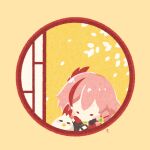  1girl asymmetrical_gloves black_gloves blush_stickers chibi closed_eyes commentary_request dress elbow_gloves facing_viewer fu_hua fu_hua_(phoenix) gloves highres honkai_(series) honkai_impact_3rd jingwei_(bird) long_hair mismatched_gloves mon_momu orange_background pink_hair ponytail red_gloves simple_background solo white_dress 