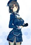  amami_amayu black_gloves black_hair blush breasts garter_straps gloves hat kantai_collection large_breasts long_hair military military_uniform red_eyes smile solo standing takao_(kantai_collection) uniform 