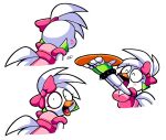 anthro avian bird bobberbobman chica_(fnaf) chicken crazed_look feathers female five_nights_at_freddy's five_nights_at_freddy's:_security_breach five_nights_at_frickbear's_(series) five_nights_at_frickbear's_3 food galliform glamrock_chica hi_res joyful looking_at_viewer phasianid pink_bow pizza robot_anthro scottgames solo steel_wool_studios ththungrychick white_body white_feathers