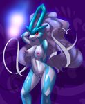  anthro areola blue_body blush breasts elpatrixf erect_nipples female hair hi_res legendary_pok&#233;mon legendary_pok&eacute;mon long_hair looking_at_viewer navel nintendo nipples nude pink_nipples pok&#233;mon pok&#233;morph pok&eacute;mon pok&eacute;morph pussy red_eyes solo standing suicune video_games white_body white_hair 