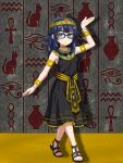  1girl absurdres ancient_egyptian ancient_egyptian_clothes ankh armlet black-framed_eyewear black_dress blue_eyes blue_hair bracelet brown_sandals clothing_request dress expressionless glasses gold_armlet headdress hexagram hieroglyphics highres jewelry looking_at_viewer original sairun sandals solo star_of_david symbol_request tagme wrist_cuffs 
