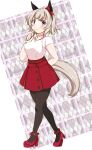  1girl animal_ears black_hairband black_pantyhose blush bow breasts casual closed_mouth curren_chan_(casual)_(umamusume) curren_chan_(umamusume) ear_bow ear_covers fishnet_pantyhose fishnets grey_hair hairband heart heart_necklace highres horse_ears horse_girl horse_tail ishimori_sakana jewelry long_sleeves looking_at_viewer medium_breasts necklace pantyhose purple_eyes red_bow red_shoes red_skirt see-through_clothes see-through_sleeves shirt shoes short_hair skirt smile solo sweater tail umamusume white_sweater 