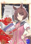  1girl animal_ears arc_de_triomphe ascot blush book breasts brown_hair closed_mouth flower flower_in_eye holding holding_book horse_ears horse_girl horse_tail kanadetoki pink_ascot pink_eyes pink_vest pink_wrist_cuffs puffy_short_sleeves puffy_sleeves purple_eyes sakura_laurel_(saisir_le_reve)_(umamusume) sakura_laurel_(umamusume) shirt short_hair short_sleeves shorts smile solo symbol_in_eye tail textbook umamusume vest white_shirt wrist_cuffs 
