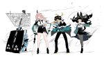  1boy 3girls animal_ears aqua_jacket arm_out_of_sleeve asaba_harumasa asymmetrical_gloves black_necktie black_pants black_pantyhose black_shoes black_skirt blue_horns blue_oni blue_skin blunt_bangs clothes_around_waist colored_shoe_soles colored_skin comically_large_ears dress_shirt fox_ears fox_girl gauntlets glasses gloves hair_between_horns headband high-waist_skirt highres horns hoshimi_miyabi jacket jacket_around_waist katana multicolored_horns multiple_girls naginata necktie oni open_mouth pants pantyhose parted_bangs pencil_skirt pink_hair polearm red_eyes ring_hair_ornament shirt shoes simple_background single_gauntlet skin-covered_horns skirt soukaku_(zenless_zone_zero) sword thigh_strap to_te_na tsukishiro_yanagi two-tone_horns watermark weapon white_background white_hair wind yellow_gloves yellow_headband zenless_zone_zero 