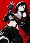  1girl absurdres adjusting_clothes adjusting_gloves artist_name bare_shoulders black_hair black_skirt black_thighhighs breasts commentary crop_top earrings elbow_pads final_fantasy final_fantasy_vii final_fantasy_vii_remake fingerless_gloves from_below gloves highres jewelry large_breasts long_hair low-tied_long_hair midriff navel re_plicante red_eyes single_arm_guard single_elbow_pad skirt solo suspender_skirt suspenders suspenders_gap tank_top teardrop_earrings thighhighs thighs tifa_lockhart very_long_hair white_tank_top 