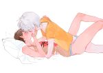  2boys absurdres blush boy_on_top briefs brown_hair brown_tank_top closed_eyes french_kiss grey_male_underwear hand_on_another's_cheek hand_on_another's_face highres ikari_shinji kiss lying male_focus male_underwear multiple_boys nagisa_kaworu neon_genesis_evangelion no_pants on_back on_bed pillow shirt short_hair simple_background skinny ssssenferda tank_top underwear white_background white_hair yaoi yellow_shirt 