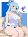  1girl alternate_breast_size_(larger) alternate_costume aqua_(konosuba) blue_eyes blue_hair blue_shorts blush breasts cleavage commentary corrupted_twitter_file couch cowboy_shot dolphin_shorts drawlab33t food food_in_mouth hair_between_eyes hair_rings highres holding holding_food holding_popsicle kono_subarashii_sekai_ni_shukufuku_wo! long_hair looking_at_food melting_popsicle nose_blush on_couch popsicle popsicle_in_mouth popsicle_stick sexually_suggestive shorts sidelocks signature simple_background single_hair_ring solo sweat tank_top thick_thighs thighs untranslatable_commentary white_tank_top wide_hips 