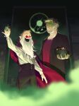  2boys beard beard_stubble blouse bowl bowl_of_candy brooch candy cloak colored_smoke crispyartdev cup drinking_glass facial_hair fangs fiddleford_mcgucket food ford_pines frills from_below gravity_falls grey_hair grin halloween hand_up highres holding holding_bowl holding_cup hood hood_up hooded_cloak jewelry looking_at_viewer male_focus multiple_boys pointy_ears popped_collar red-tinted_eyewear red_shirt round_eyewear shirt shirt_tucked_in smile smoke stitched_face stitches stubble tinted_eyewear white_hair wine_glass 