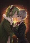  1boy 1girl absurdres akame_ga_kill! black_shirt blush commission eyepatch fingerless_gloves fireplace gloves green_hair green_jacket grey_hair hand_on_another's_cheek hand_on_another's_face hetero highres jacket kiss kissing_cheek long_sleeves lubbock najenda_(akame_ga_kill!) pixiv_commission prolatte purple_eyes red_gloves shirt short_hair 