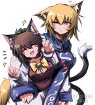  2girls absurdres animal_ear_fluff animal_ears blonde_hair blue_tabard blush bow bowtie breasts brown_hair cat_ears cat_tail chen claw_pose closed_eyes commentary_request dress eye20806972 facing_viewer fingernails fox_ears fox_tail gap_(touhou) green_hat hat highres large_breasts long_fingernails long_sleeves missing_headwear mob_cap multiple_girls multiple_tails nekomata one_eye_closed open_mouth red_nails red_vest simple_background smile tabard tail touhou two_tails vest watermark white_background white_dress wide_sleeves yakumo_ran yellow_bow yellow_bowtie yellow_eyes 